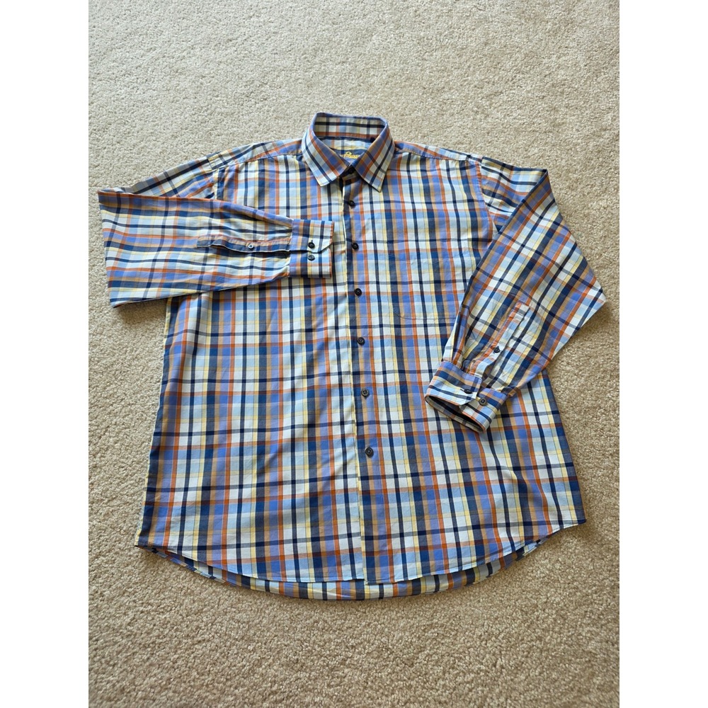 Alan Flasser Mens Large Blue Orange Plaid Cotton Long Sleeve Button Down Shirt